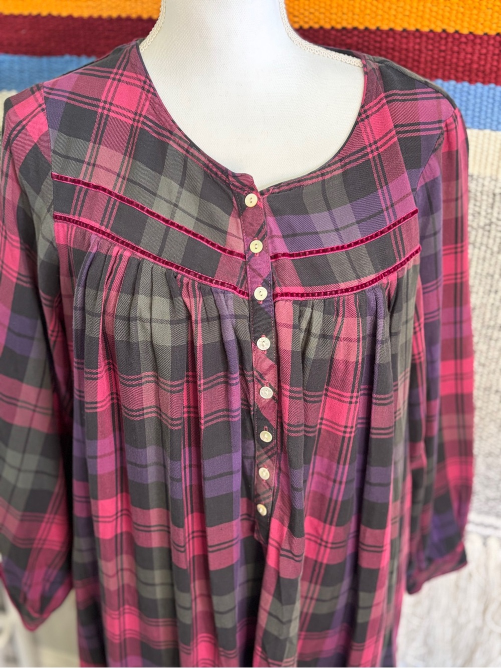 Eileen West Pink and Black Cotton Plaid Button-Front Nightgown - Picture 2 of 7